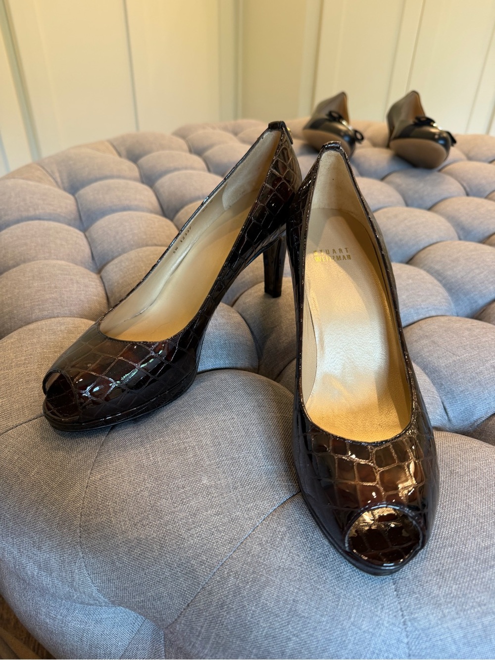 Stuart Weitzman Dark Brown Croc Patent Peep Toe Heels